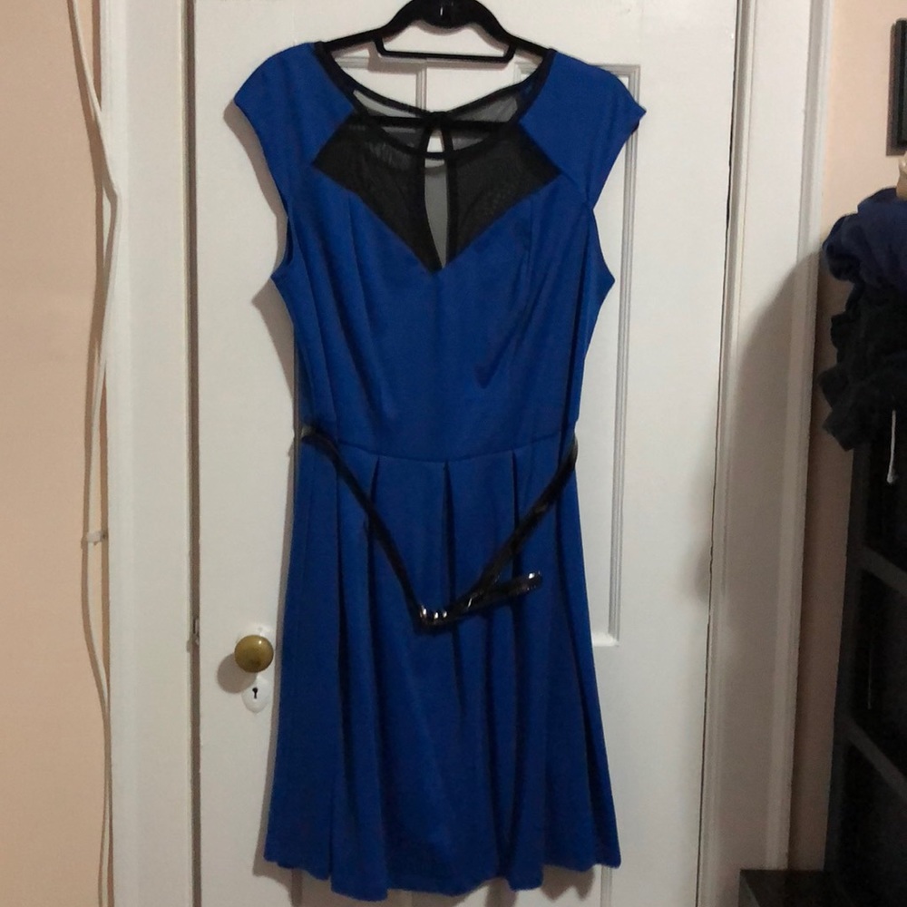 Blue & Black Dress with Shiny Black Belt